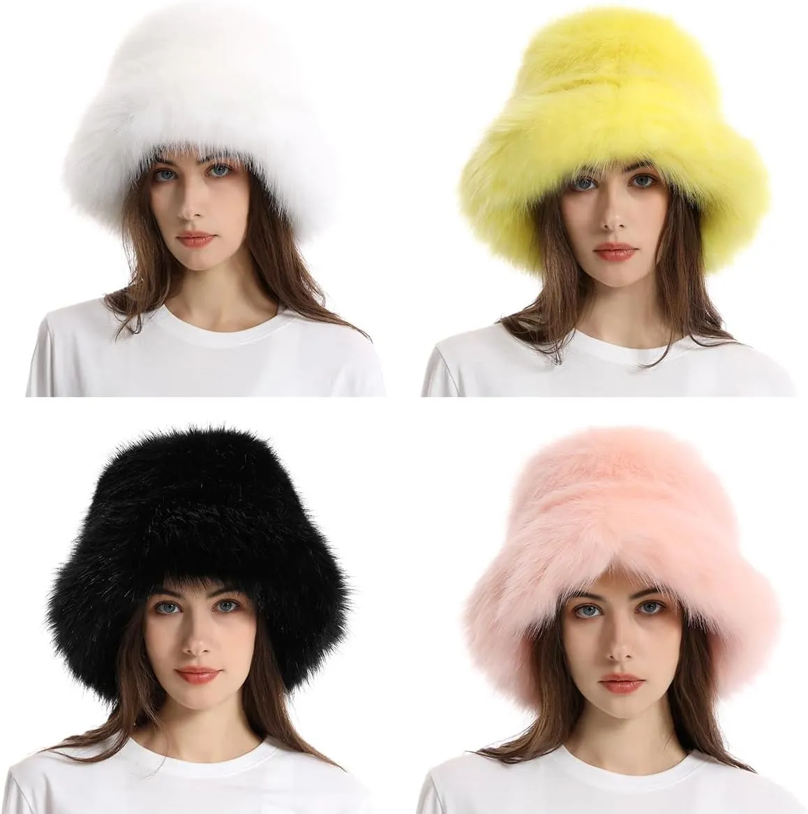 Faux Fur Bucket Hats Winter Warm Wide Brim Fisherman Cap for Women Fluffy Fuzzy Bucket Hat