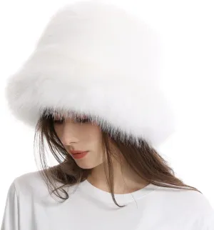 Faux Fur Bucket Hats Winter Warm Wide Brim Fisherman Cap for Women Fluffy Fuzzy Bucket Hat