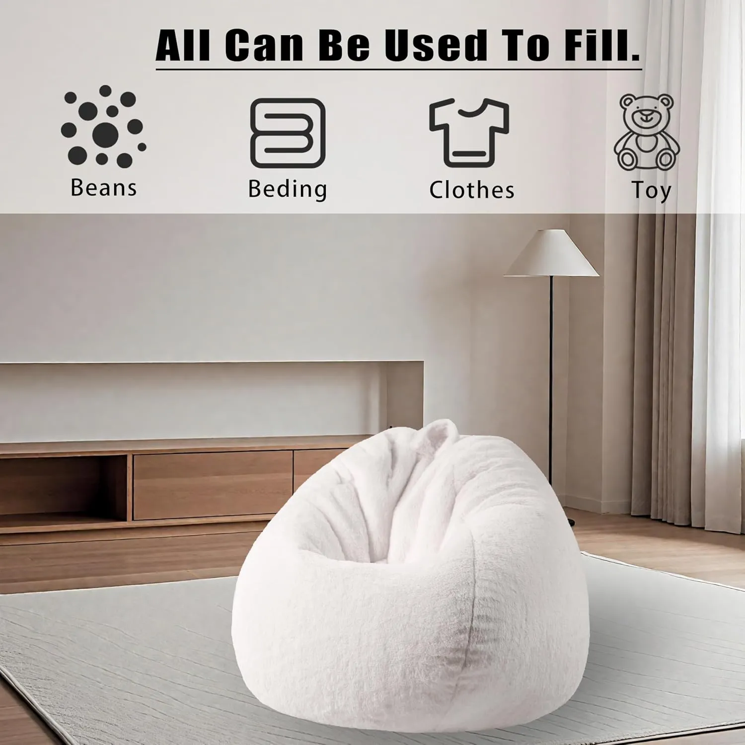 Faux Fur Comfy Bean Bag Chair Cover (No Filler), Fluffy Stuffed Animal Storage Bean Bag Cover for Adults, Premium Furry Fuzzy Bean Bag Cover for Living Room Bedroom