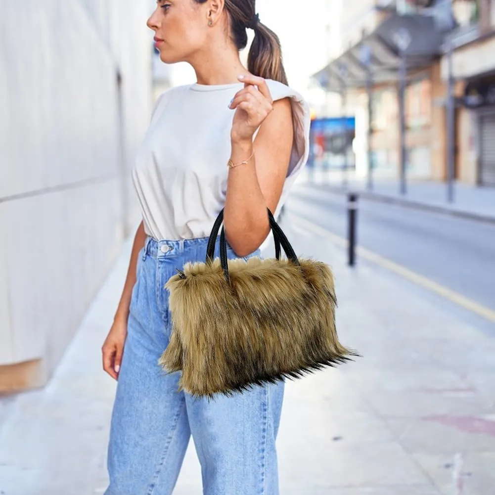 Faux Fur Tote Bag Women's Shoulder Handbags Fluffy Handbags Cute Soft Fluffy Purse Furry Bag for Shopping Working, Orange