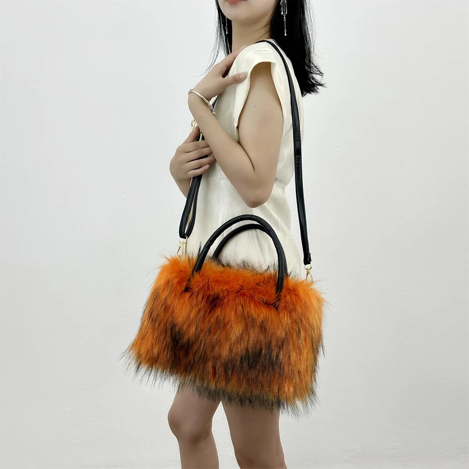 Faux Fur Tote Bag Women's Shoulder Handbags Fluffy Handbags Cute Soft Fluffy Purse Furry Bag for Shopping Working, Orange