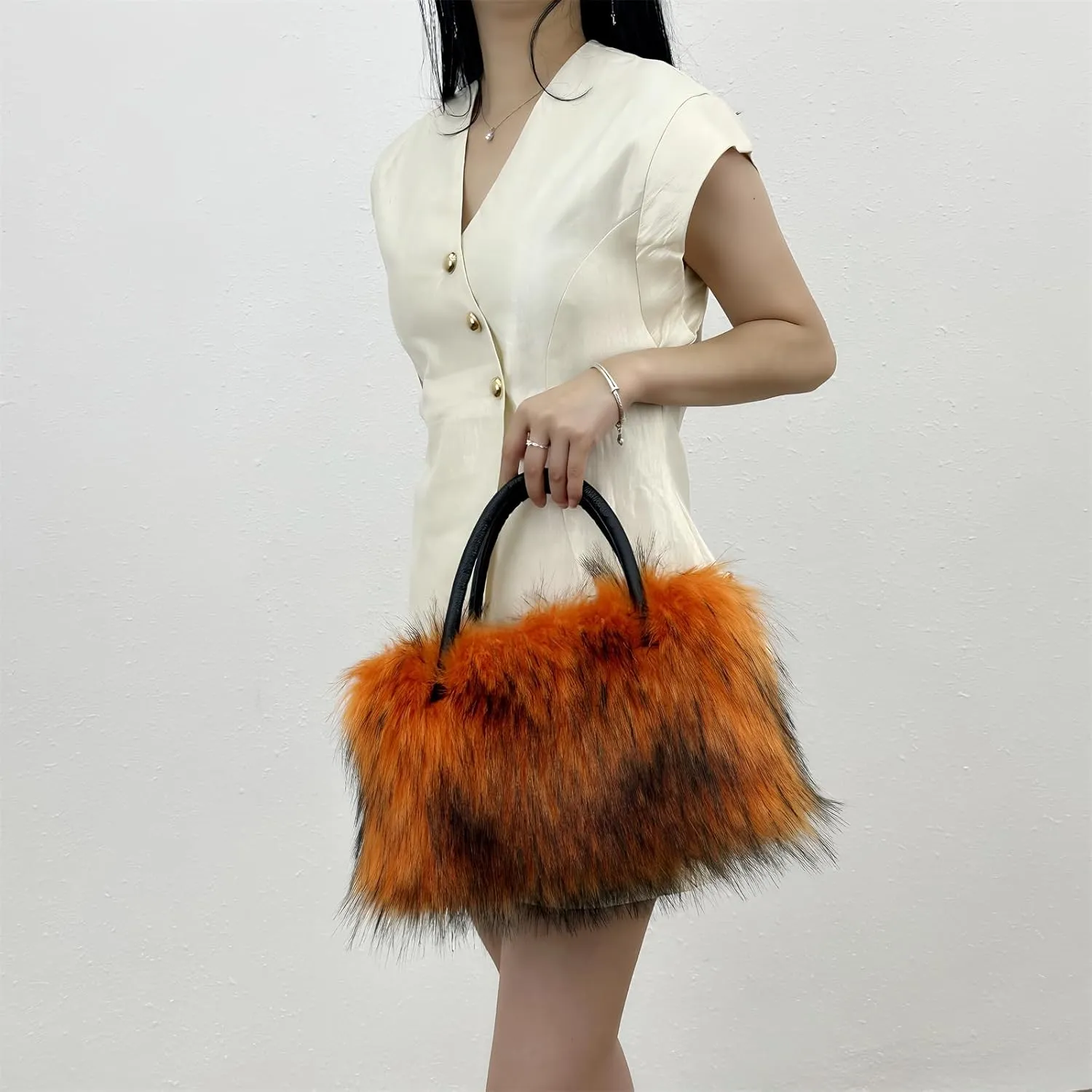 Faux Fur Tote Bag Women's Shoulder Handbags Fluffy Handbags Cute Soft Fluffy Purse Furry Bag for Shopping Working, Orange