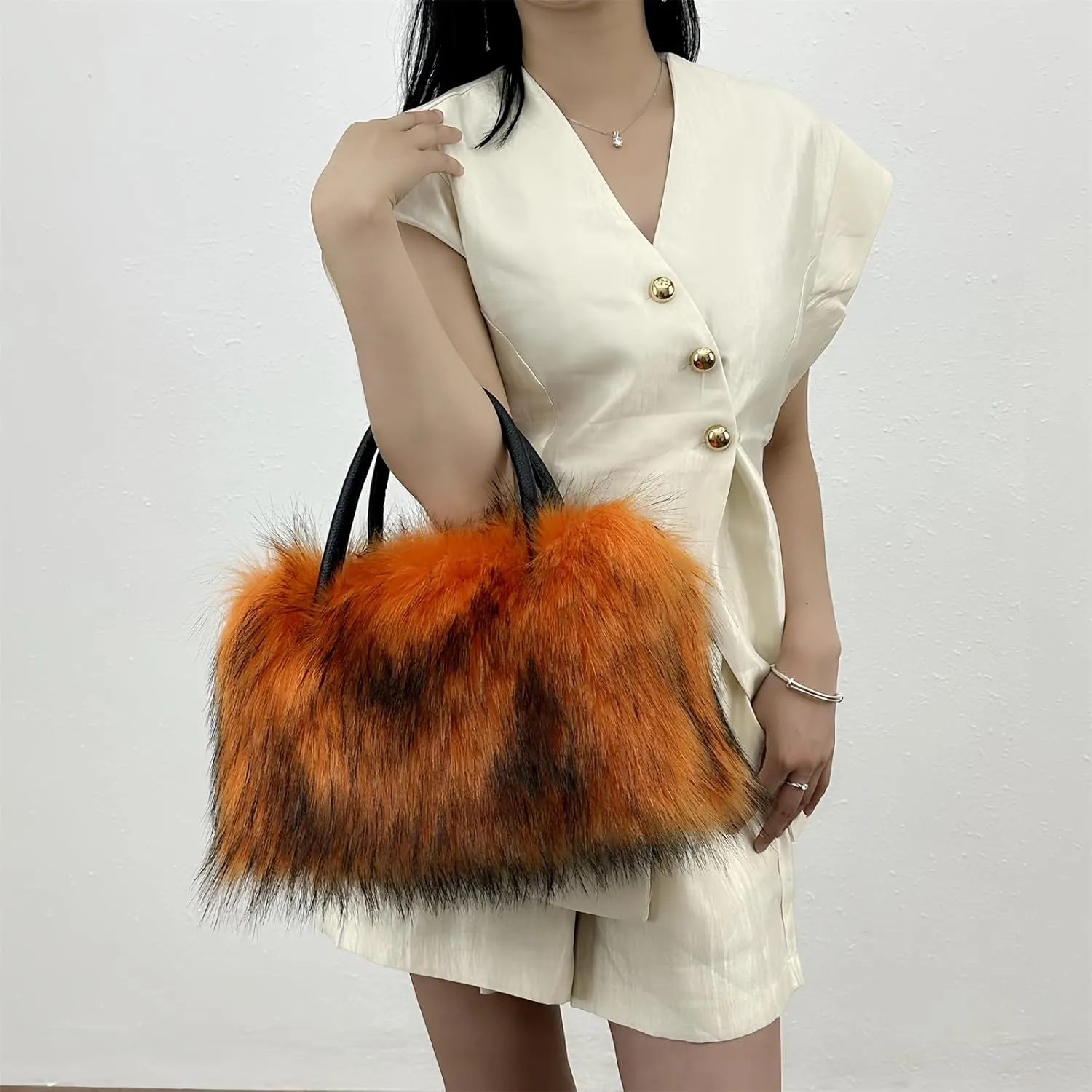 Faux Fur Tote Bag Women's Shoulder Handbags Fluffy Handbags Cute Soft Fluffy Purse Furry Bag for Shopping Working, Orange