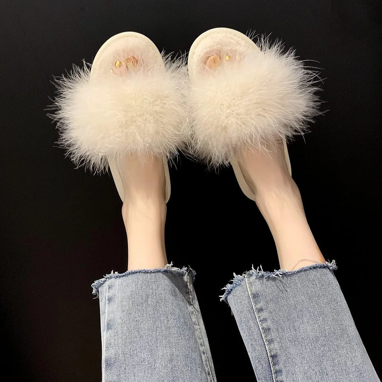 FAYUEKEY Faux Fur Slippers For Women Bride Wedding House Outdoor Fuzzy Shoes
