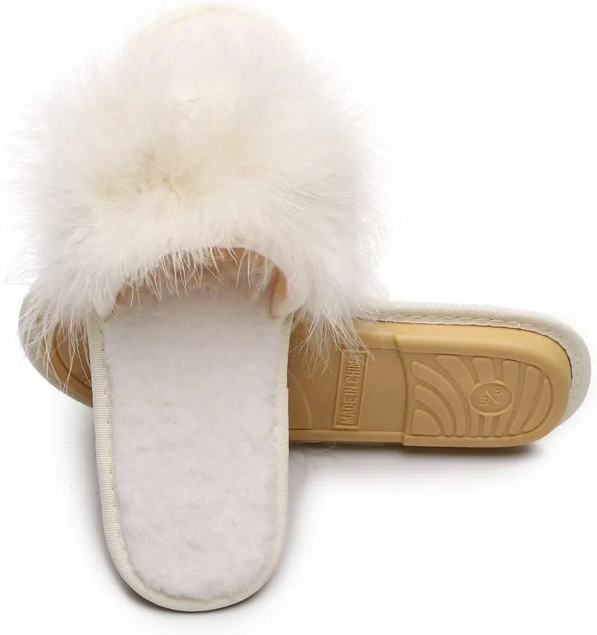 FAYUEKEY Faux Fur Slippers For Women Bride Wedding House Outdoor Fuzzy Shoes