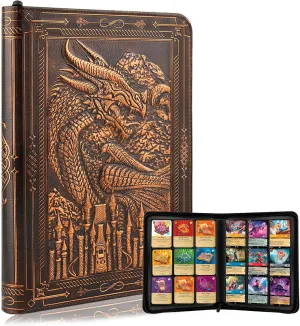 FEIDIAO 9 Pocket Trading Card Binder 360 Side Loading Pockets Albums with Zipper 3D PU Leather Embossed Dragon Card Books Collectible Trading Cards Game Album for MTG,TCG,Pokmon,Lorcana(Red Copper)