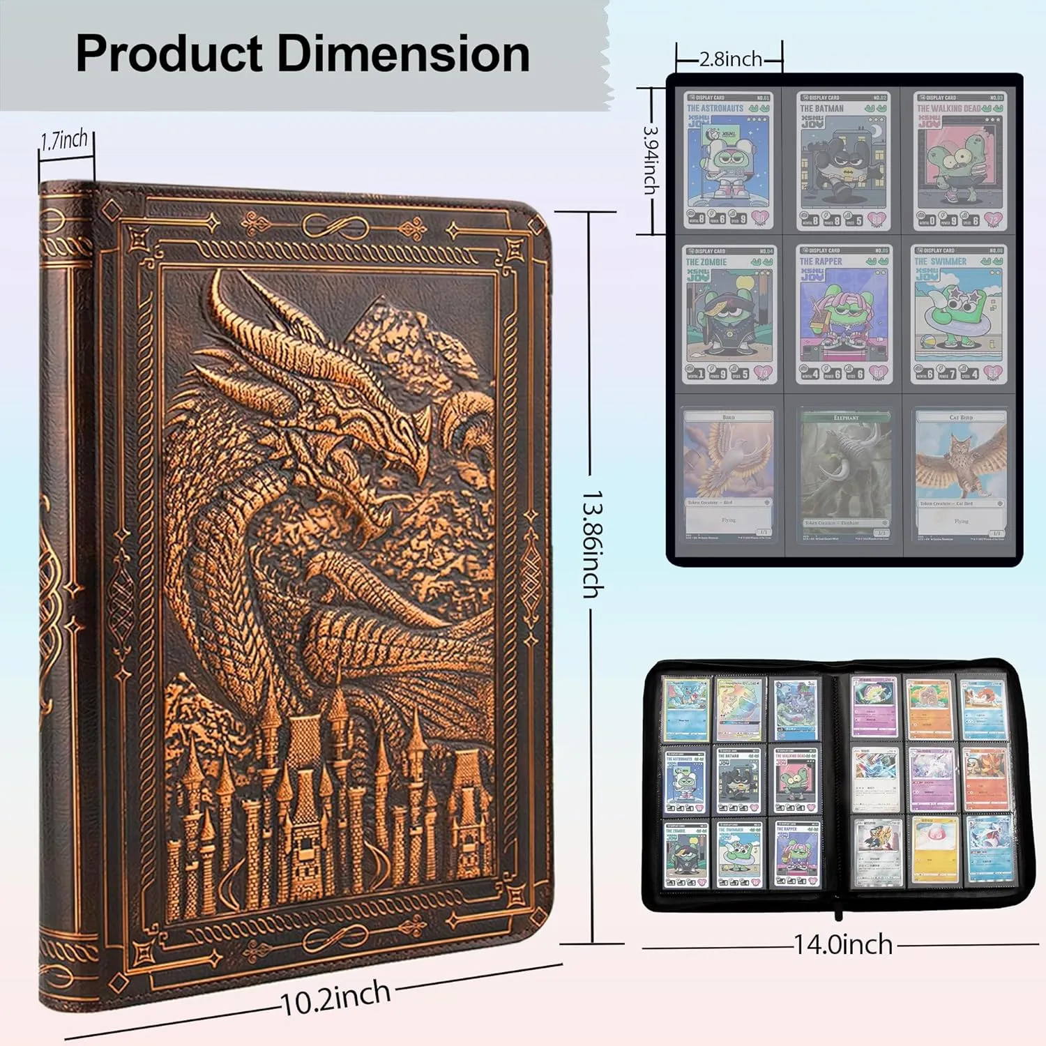 FEIDIAO 9 Pocket Trading Card Binder 360 Side Loading Pockets Albums with Zipper 3D PU Leather Embossed Dragon Card Books Collectible Trading Cards Game Album for MTG,TCG,Pokmon,Lorcana(Red Copper)