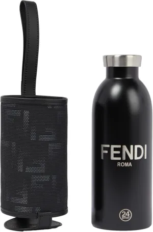 FENDI Roma Black Steel Bottle and FF Woven Canvas Holder Set