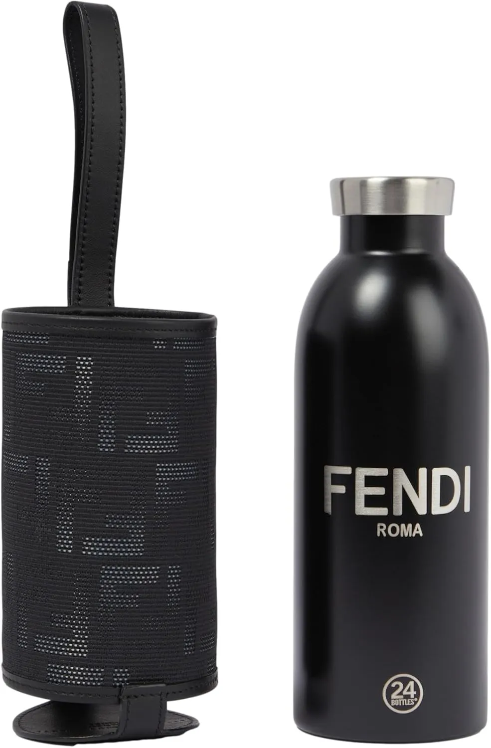 FENDI Roma Black Steel Bottle and FF Woven Canvas Holder Set
