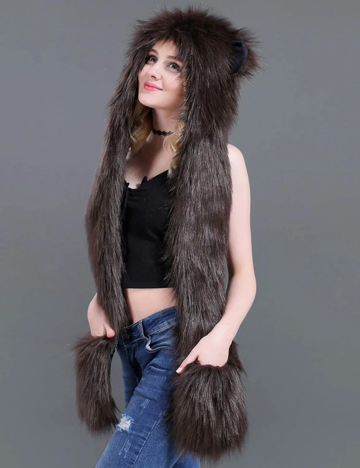 FHQHTH 3 in 1 Faux Fur Animal Hood with Paws Fuzzy Novelty Wolf Hats Gloves Scarf Winter Cosplay Hoods Halloween Cosplay