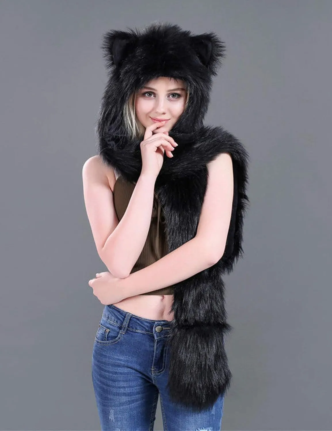 FHQHTH 3 in 1 Faux Fur Animal Hood with Paws Fuzzy Novelty Wolf Hats Gloves Scarf Winter Cosplay Hoods Halloween Cosplay