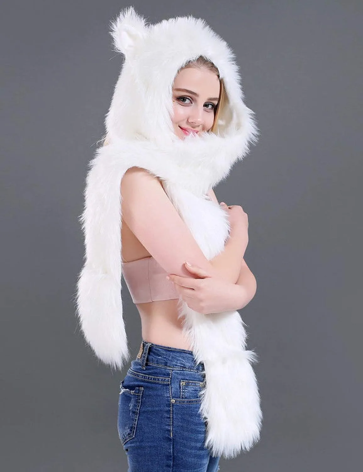 FHQHTH 3 in 1 Faux Fur Animal Hood with Paws Fuzzy Novelty Wolf Hats Gloves Scarf Winter Cosplay Hoods Halloween Cosplay