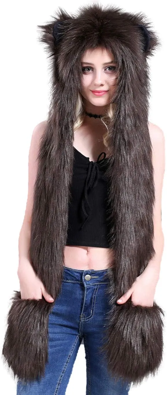 FHQHTH 3 in 1 Faux Fur Animal Hood with Paws Fuzzy Novelty Wolf Hats Gloves Scarf Winter Cosplay Hoods Halloween Cosplay