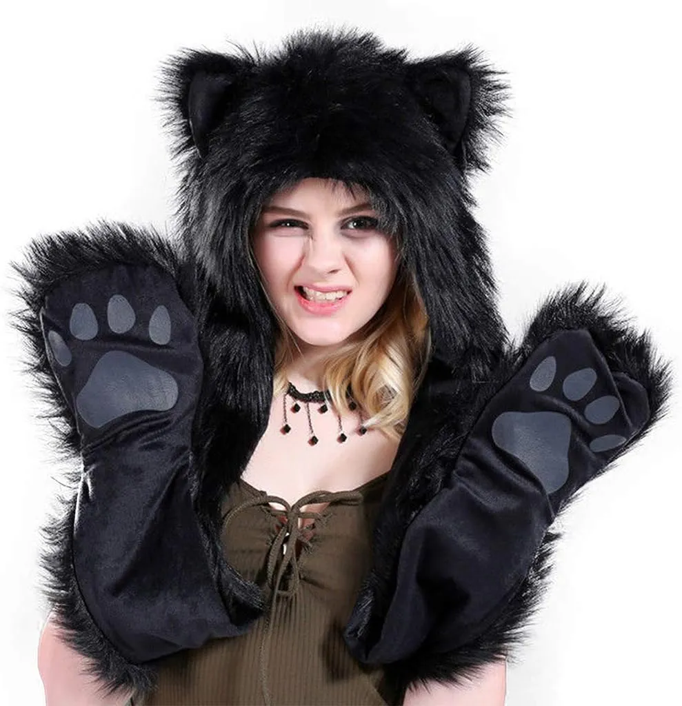 FHQHTH 3 in 1 Faux Fur Animal Hood with Paws Fuzzy Novelty Wolf Hats Gloves Scarf Winter Cosplay Hoods Halloween Cosplay
