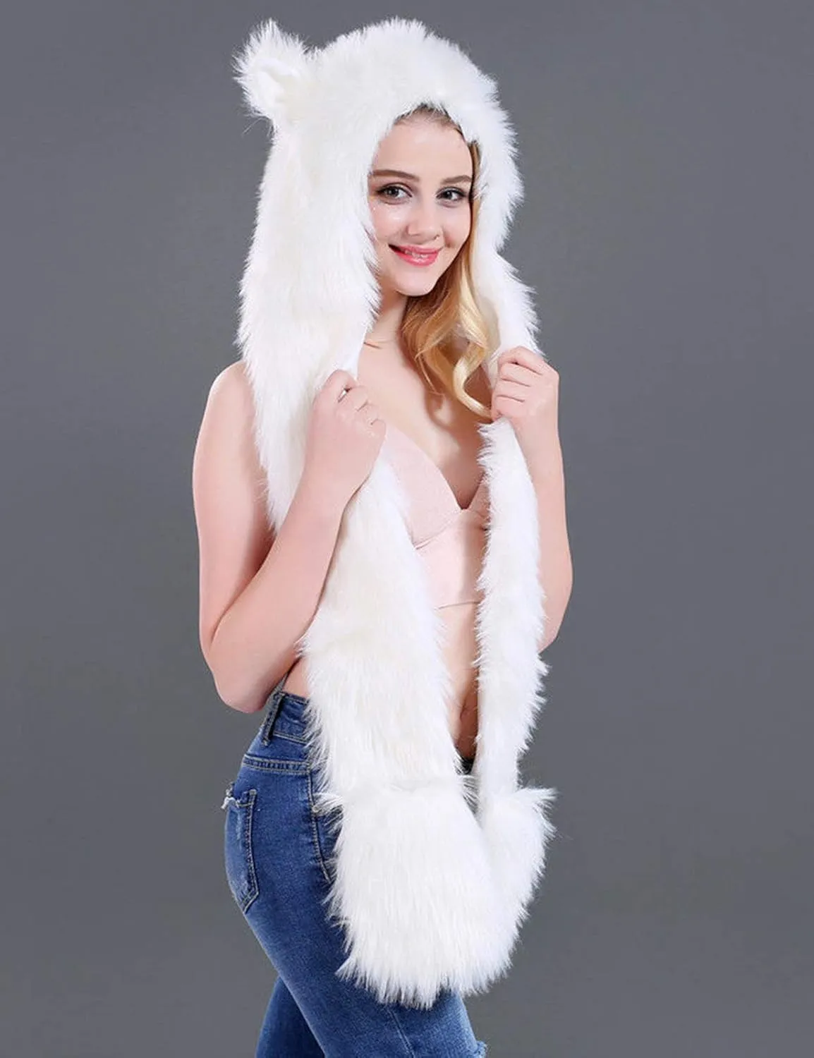 FHQHTH 3 in 1 Faux Fur Animal Hood with Paws Fuzzy Novelty Wolf Hats Gloves Scarf Winter Cosplay Hoods Halloween Cosplay