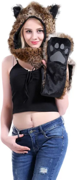FHQHTH 3 in 1 Faux Fur Animal Hood with Paws Fuzzy Novelty Wolf Hats Gloves Scarf Winter Cosplay Hoods Halloween Cosplay
