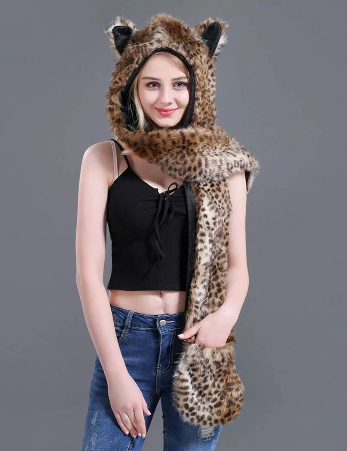 FHQHTH 3 in 1 Faux Fur Animal Hood with Paws Fuzzy Novelty Wolf Hats Gloves Scarf Winter Cosplay Hoods Halloween Cosplay
