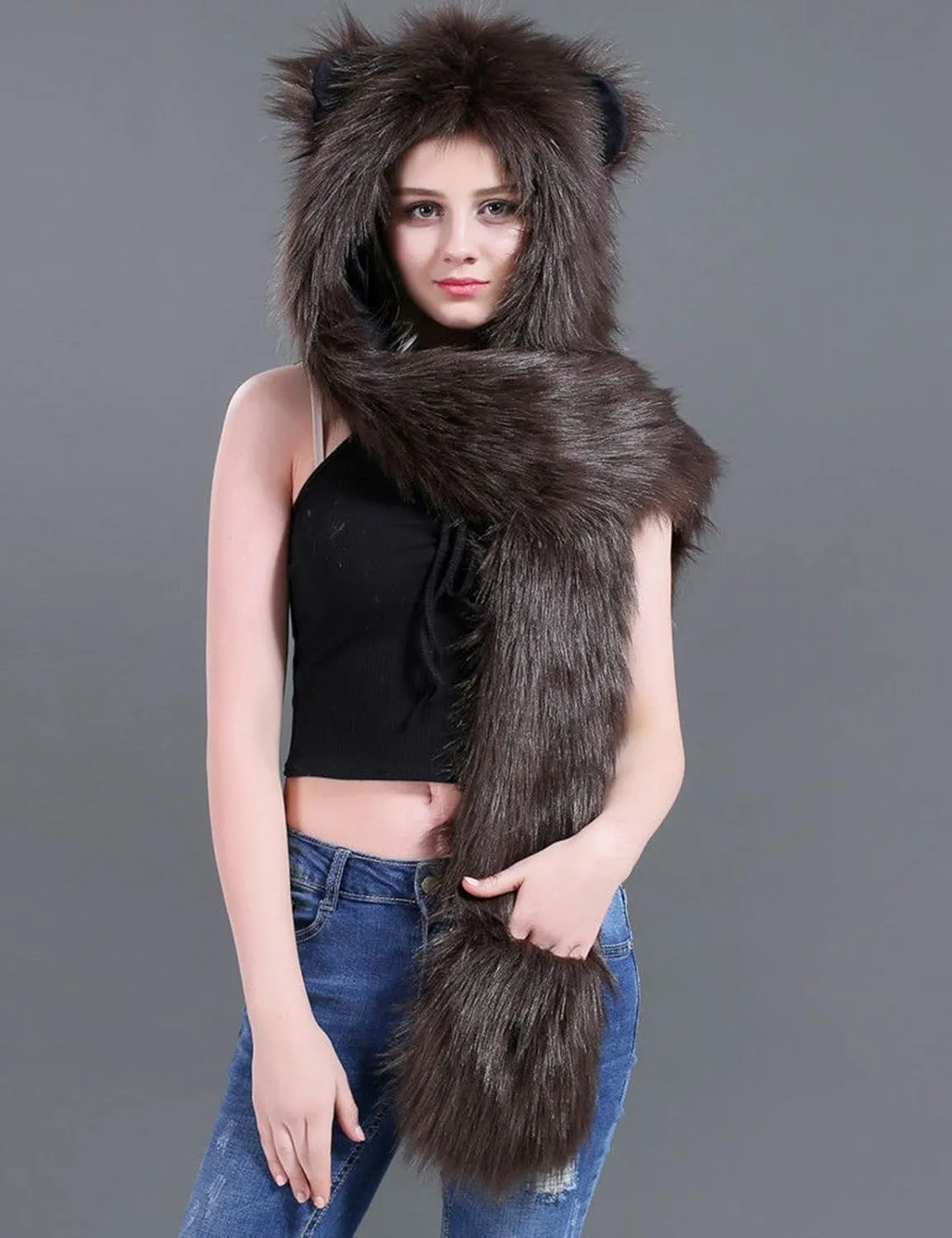 FHQHTH 3 in 1 Faux Fur Animal Hood with Paws Fuzzy Novelty Wolf Hats Gloves Scarf Winter Cosplay Hoods Halloween Cosplay