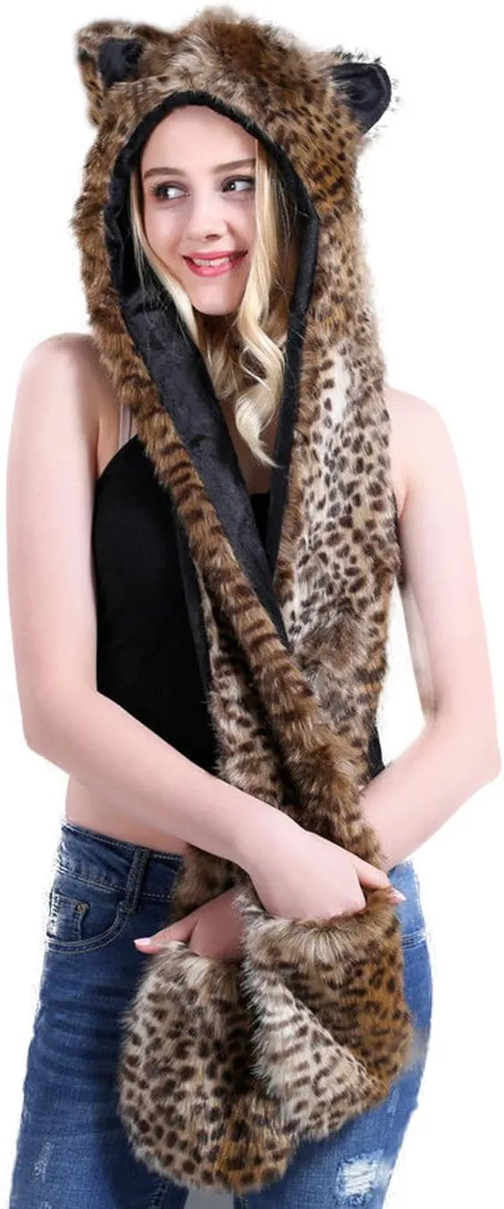 FHQHTH 3 in 1 Faux Fur Animal Hood with Paws Fuzzy Novelty Wolf Hats Gloves Scarf Winter Cosplay Hoods Halloween Cosplay