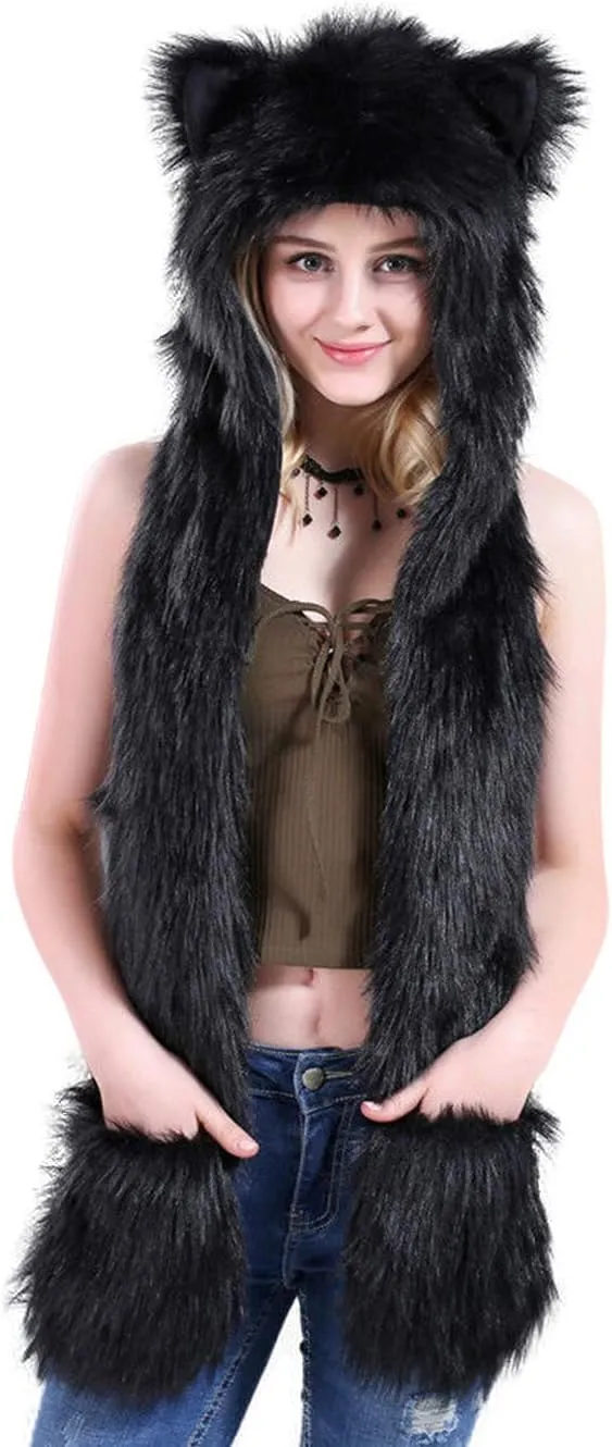 FHQHTH 3 in 1 Faux Fur Animal Hood with Paws Fuzzy Novelty Wolf Hats Gloves Scarf Winter Cosplay Hoods Halloween Cosplay