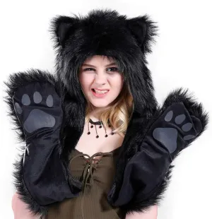 FHQHTH 3 in 1 Faux Fur Animal Hood with Paws Fuzzy Novelty Wolf Hats Gloves Scarf Winter Cosplay Hoods Halloween Cosplay