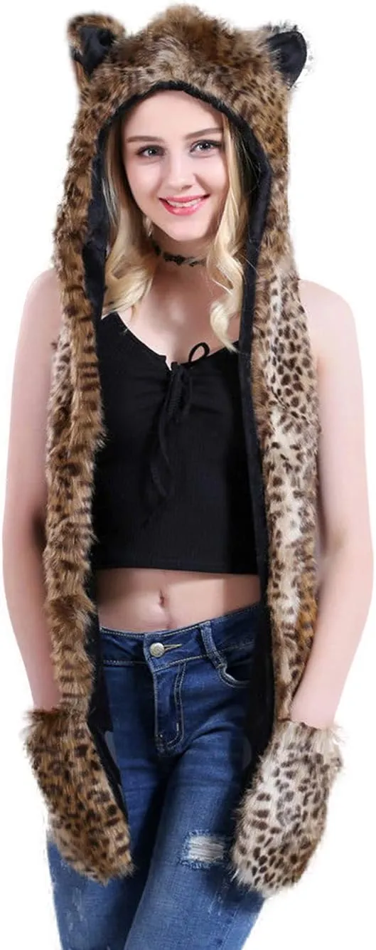 FHQHTH 3 in 1 Faux Fur Animal Hood with Paws Fuzzy Novelty Wolf Hats Gloves Scarf Winter Cosplay Hoods Halloween Cosplay