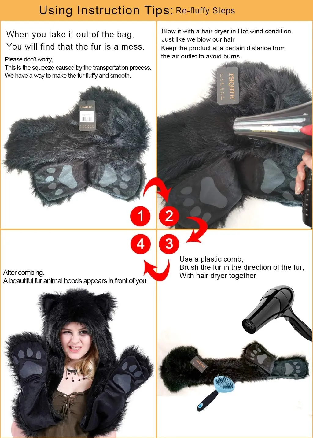 FHQHTH 3 in 1 Faux Fur Animal Hood with Paws Fuzzy Novelty Wolf Hats Gloves Scarf Winter Cosplay Hoods Halloween Cosplay