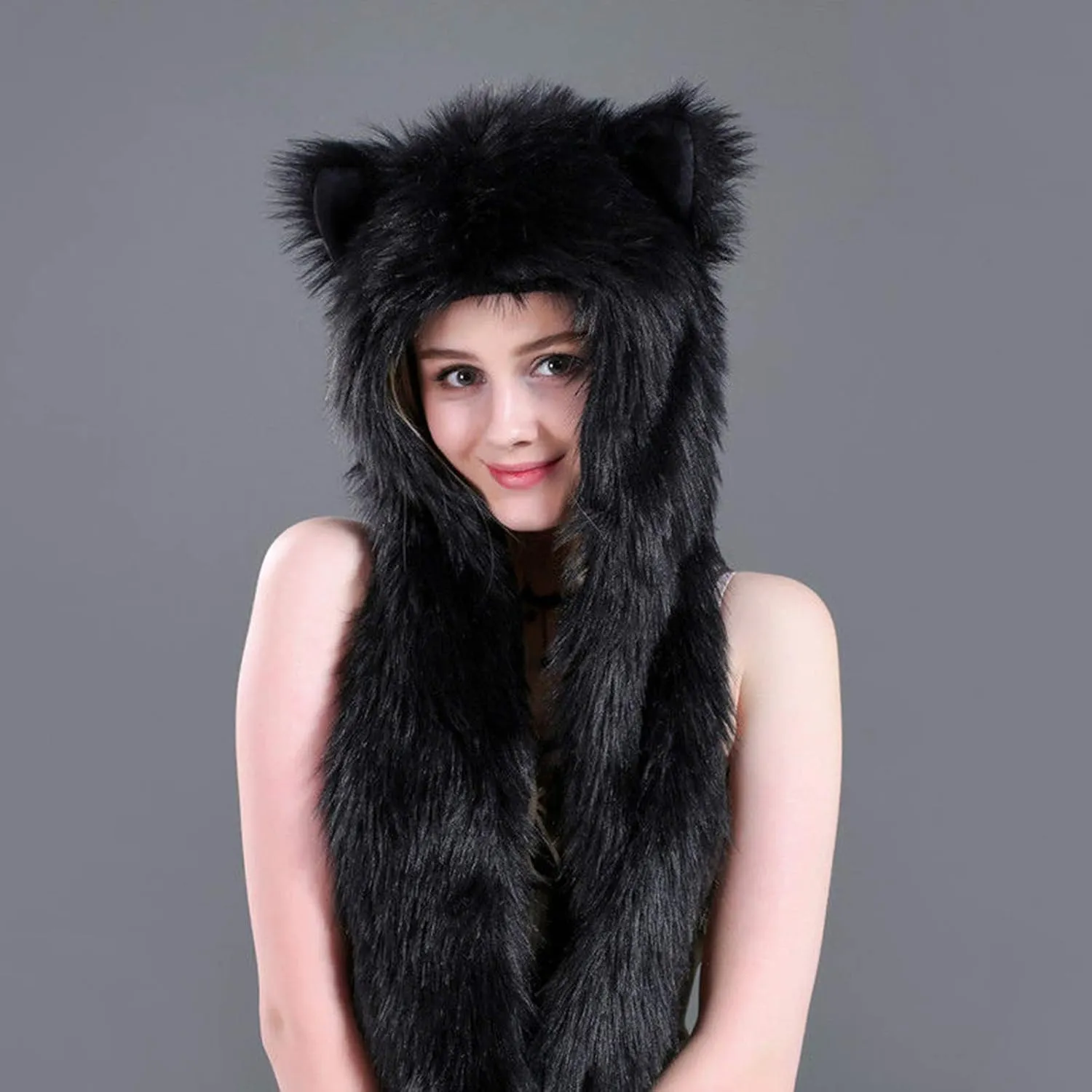 FHQHTH 3 in 1 Faux Fur Animal Hood with Paws Fuzzy Novelty Wolf Hats Gloves Scarf Winter Cosplay Hoods Halloween Cosplay