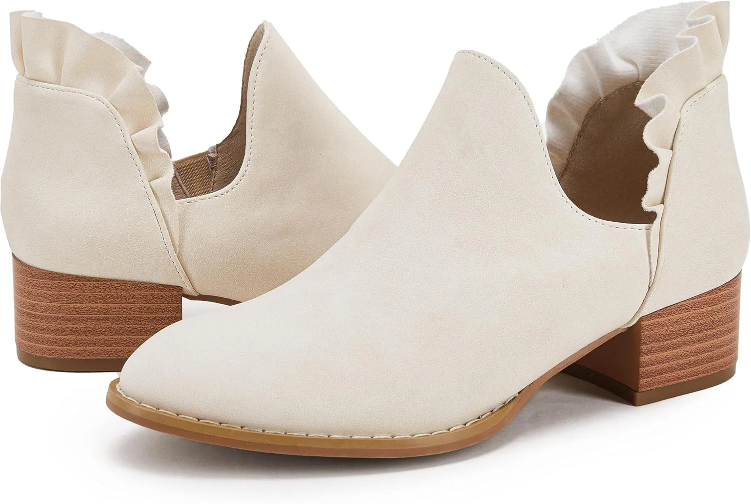 FISACE Womens Ruffled Ankle Boots V Cut Out Pointed Toe Chunky Low Heel Dressy Western Booties