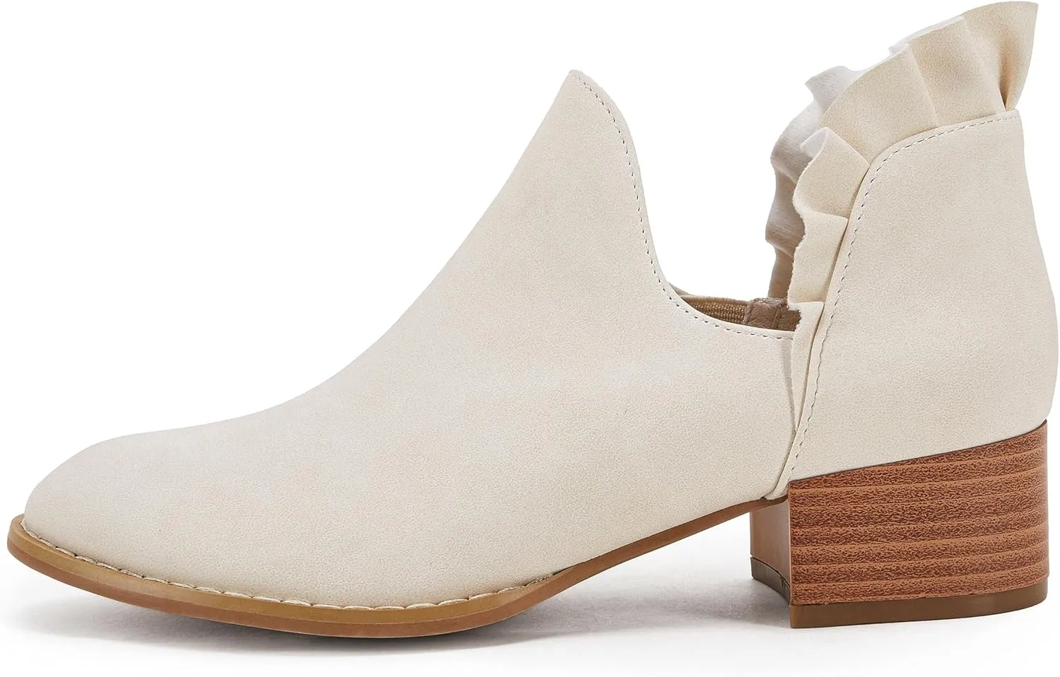 FISACE Womens Ruffled Ankle Boots V Cut Out Pointed Toe Chunky Low Heel Dressy Western Booties