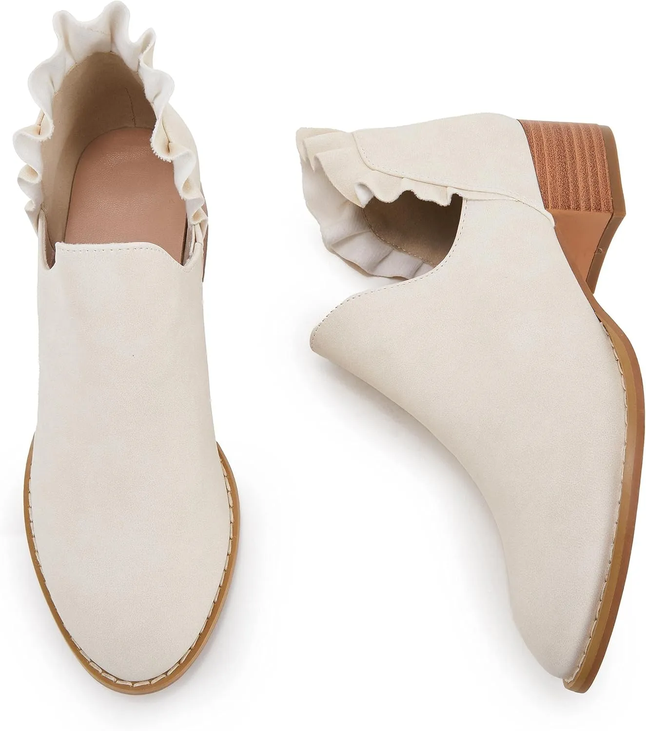 FISACE Womens Ruffled Ankle Boots V Cut Out Pointed Toe Chunky Low Heel Dressy Western Booties