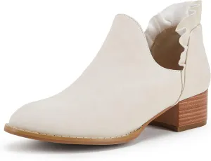 FISACE Womens Ruffled Ankle Boots V Cut Out Pointed Toe Chunky Low Heel Dressy Western Booties