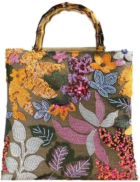 Floral Embroidered Handbag, Multicolor Sequin Design, Tortoise Handle, Boho Style Tote