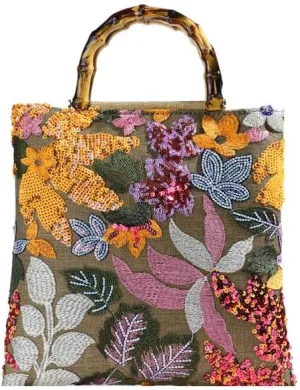 Floral Embroidered Handbag, Multicolor Sequin Design, Tortoise Handle, Boho Style Tote