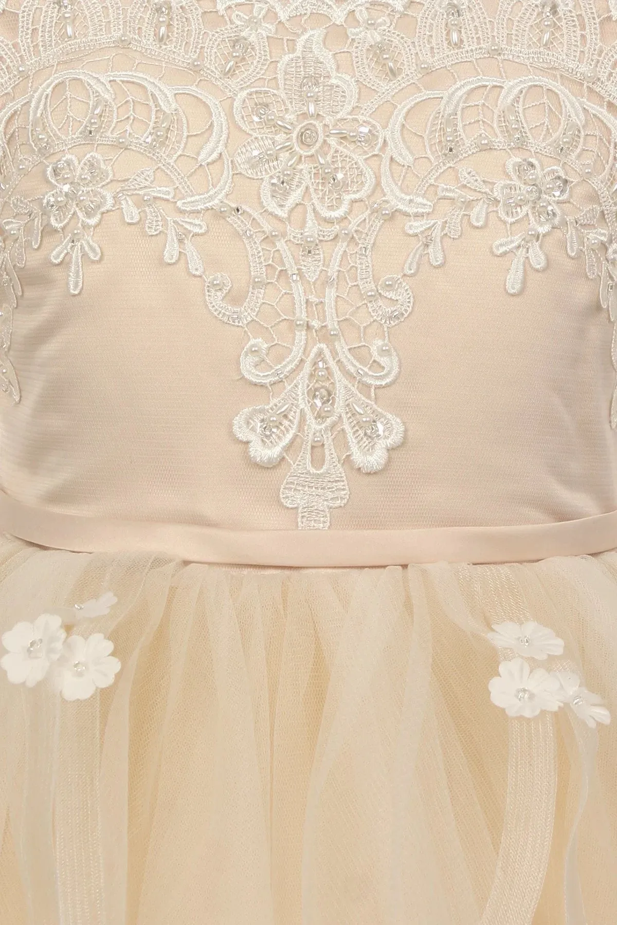 Flower girl elegant off shoulder dress with rhinestone and pearled lace sleeve