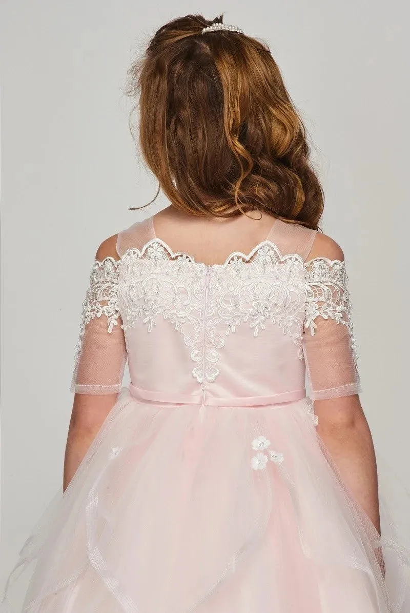 Flower girl elegant off shoulder dress with rhinestone and pearled lace sleeve
