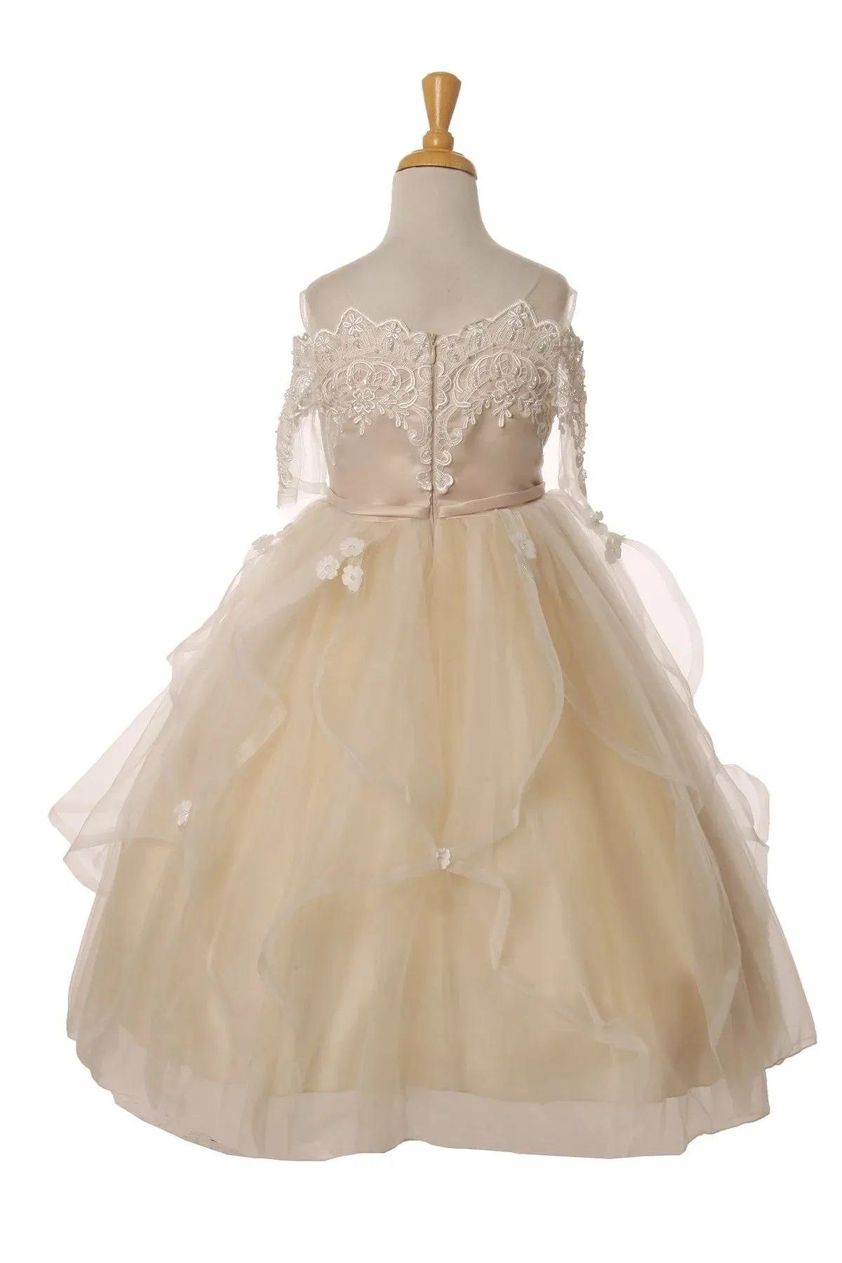 Flower girl elegant off shoulder dress with rhinestone and pearled lace sleeve