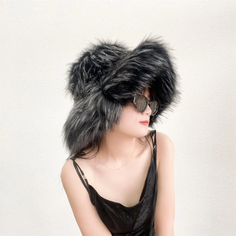 Fluffy Fur Bucket Hat for Women Fuzzy Winter Warm Faux Fur Wrap Hat Russian Cossack Style Fur Bucket Hat