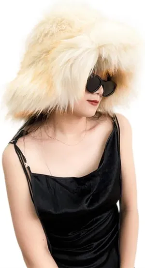 Fluffy Fur Bucket Hat for Women Fuzzy Winter Warm Faux Fur Wrap Hat Russian Cossack Style Fur Bucket Hat
