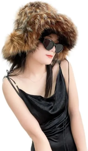 Fluffy Fur Bucket Hat for Women Fuzzy Winter Warm Faux Fur Wrap Hat Russian Cossack Style Fur Bucket Hat