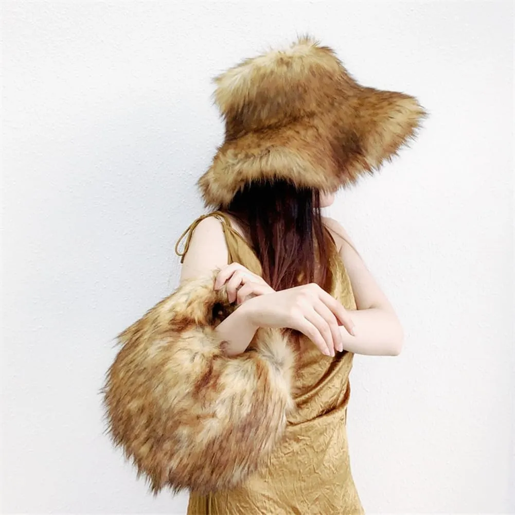 Fluffy Fur Bucket Hat for Women Fuzzy Winter Warm Faux Fur Wrap Hat Russian Cossack Style Fur Bucket Hat
