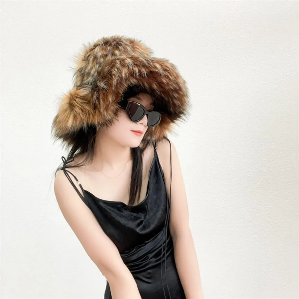 Fluffy Fur Bucket Hat for Women Fuzzy Winter Warm Faux Fur Wrap Hat Russian Cossack Style Fur Bucket Hat