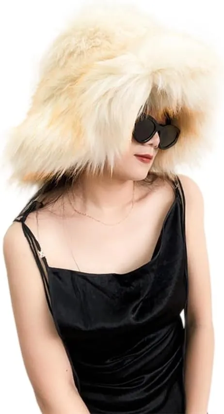 Fluffy Fur Bucket Hat for Women Fuzzy Winter Warm Faux Fur Wrap Hat Russian Cossack Style Fur Bucket Hat