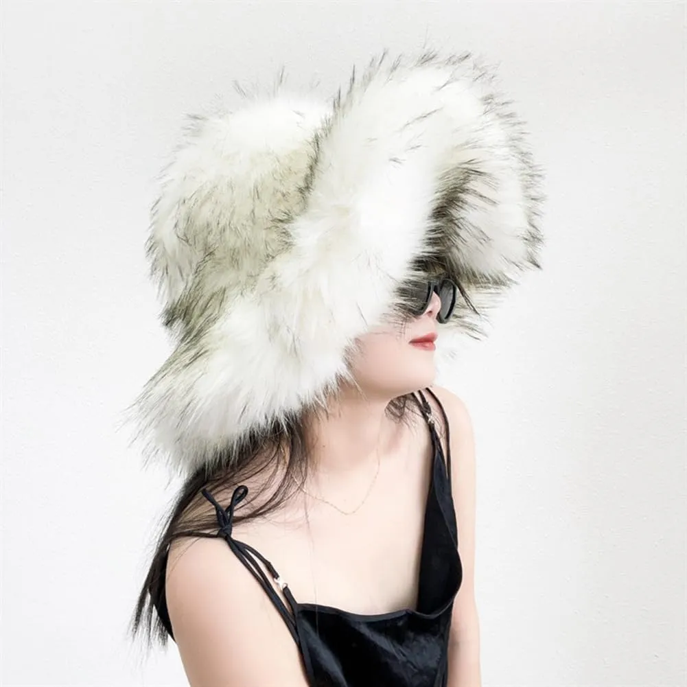 Fluffy Fur Bucket Hat for Women Fuzzy Winter Warm Faux Fur Wrap Hat Russian Cossack Style Fur Bucket Hat