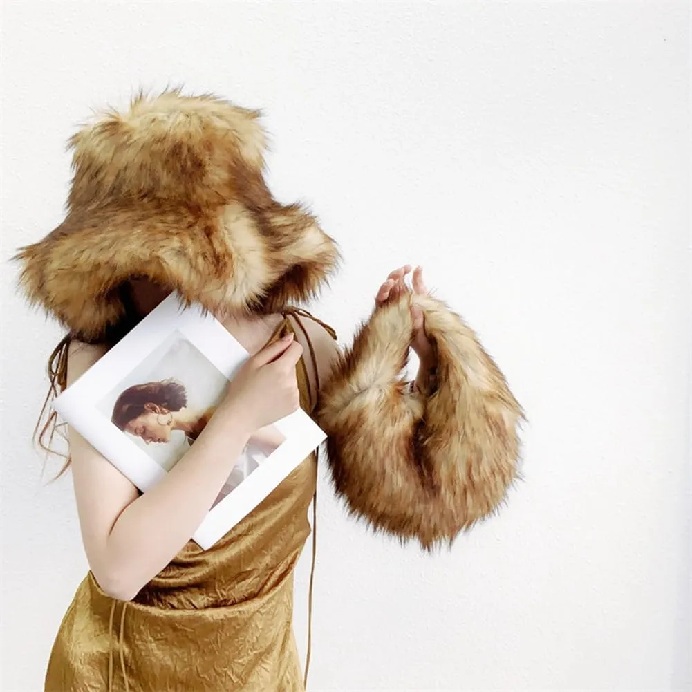 Fluffy Fur Bucket Hat for Women Fuzzy Winter Warm Faux Fur Wrap Hat Russian Cossack Style Fur Bucket Hat