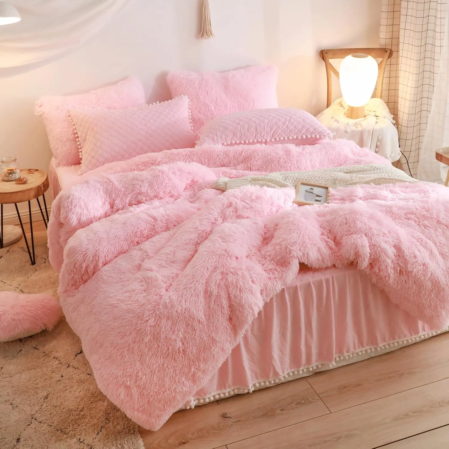 Fluffy Pink Comforter Cover Queen Set，Soft Faux Fur Furry Pink Bedding Sets 3 Pieces(1 Plush Duvet Cover  2 Shaggy Pillowcases) Fuzzy Bed Set, (Queen)