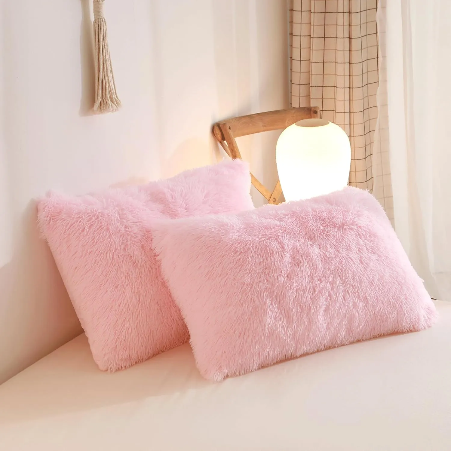 Fluffy Pink Comforter Cover Queen Set，Soft Faux Fur Furry Pink Bedding Sets 3 Pieces(1 Plush Duvet Cover  2 Shaggy Pillowcases) Fuzzy Bed Set, (Queen)