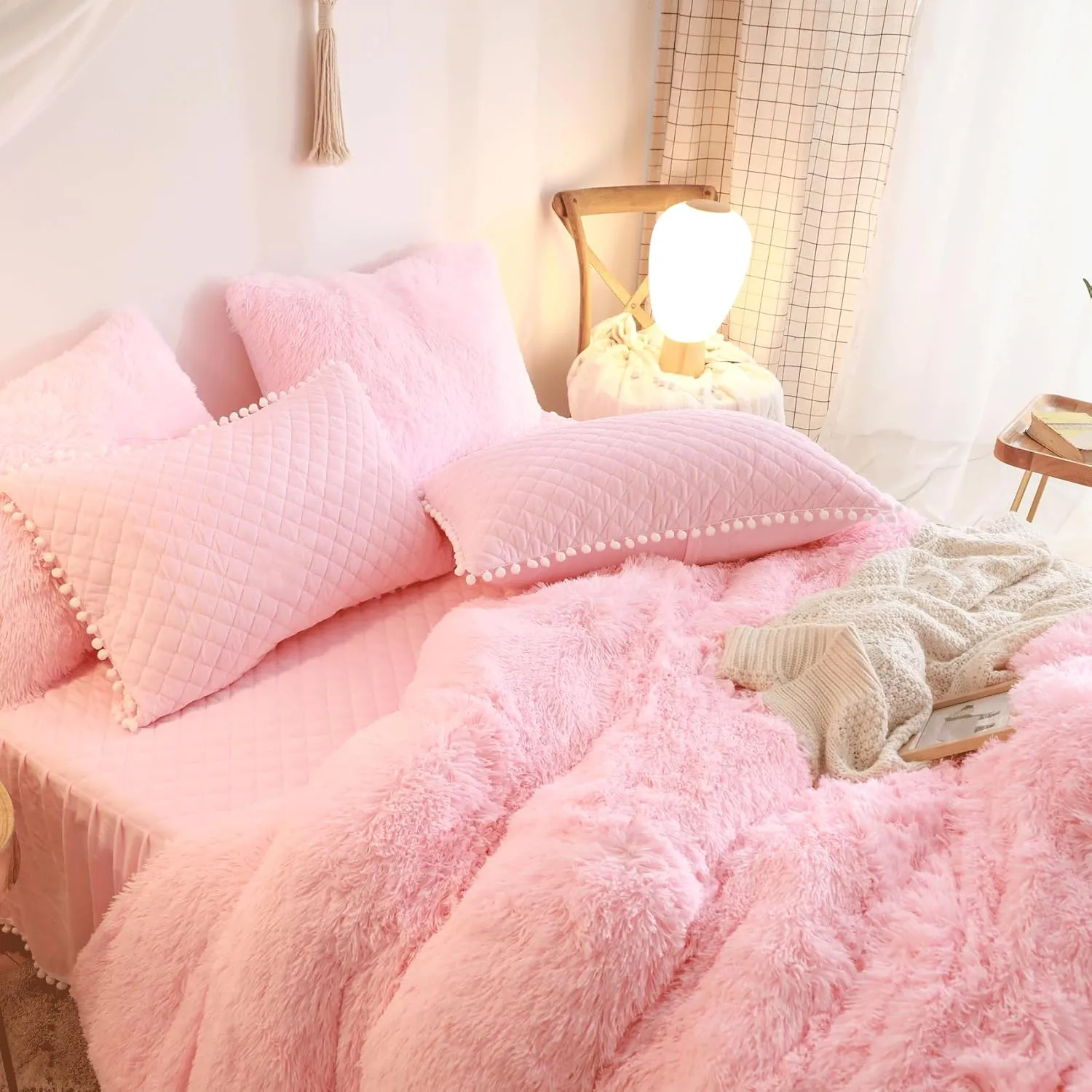 Fluffy Pink Comforter Cover Queen Set，Soft Faux Fur Furry Pink Bedding Sets 3 Pieces(1 Plush Duvet Cover  2 Shaggy Pillowcases) Fuzzy Bed Set, (Queen)
