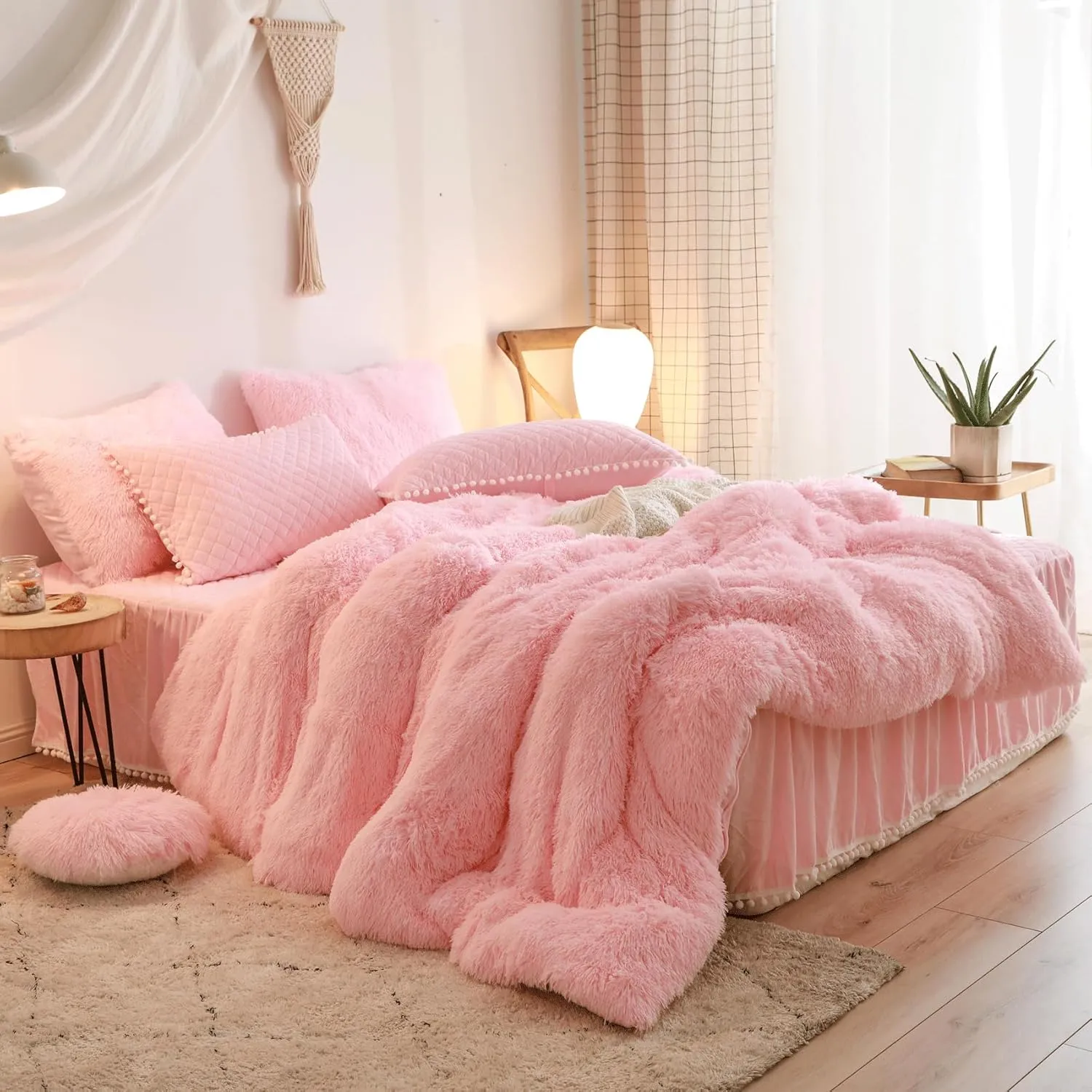 Fluffy Pink Comforter Cover Queen Set，Soft Faux Fur Furry Pink Bedding Sets 3 Pieces(1 Plush Duvet Cover  2 Shaggy Pillowcases) Fuzzy Bed Set, (Queen)