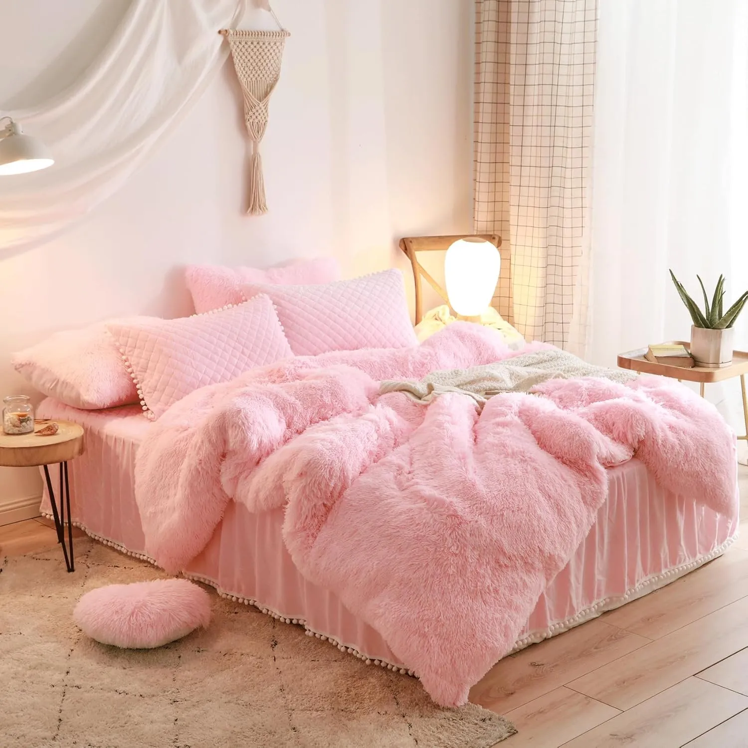 Fluffy Pink Comforter Cover Queen Set，Soft Faux Fur Furry Pink Bedding Sets 3 Pieces(1 Plush Duvet Cover  2 Shaggy Pillowcases) Fuzzy Bed Set, (Queen)